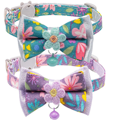 Floral Bow Tie Cat Collar with Bell